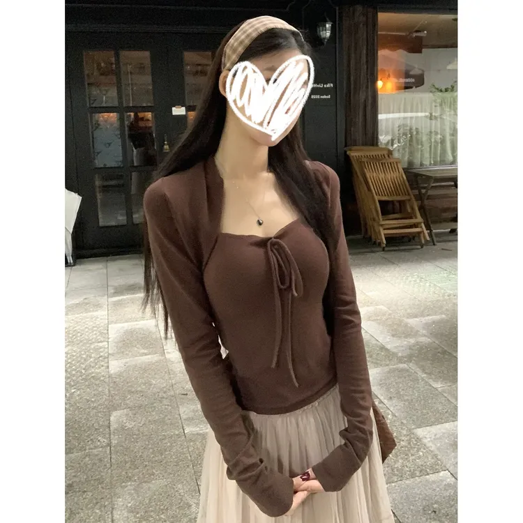 韩版气质自带胸垫长袖T恤女秋冬百搭加厚加绒打底衫绑带短款上衣