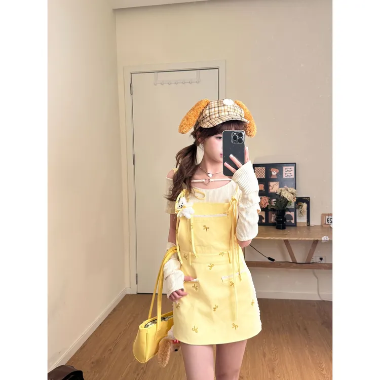 甜美多巴胺牛仔背带裙女夏季新款蝴蝶结刺绣减龄穿搭显瘦显瘦短裙