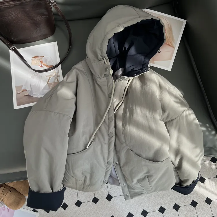 韩系连帽暗扣抽绳拼色棉服