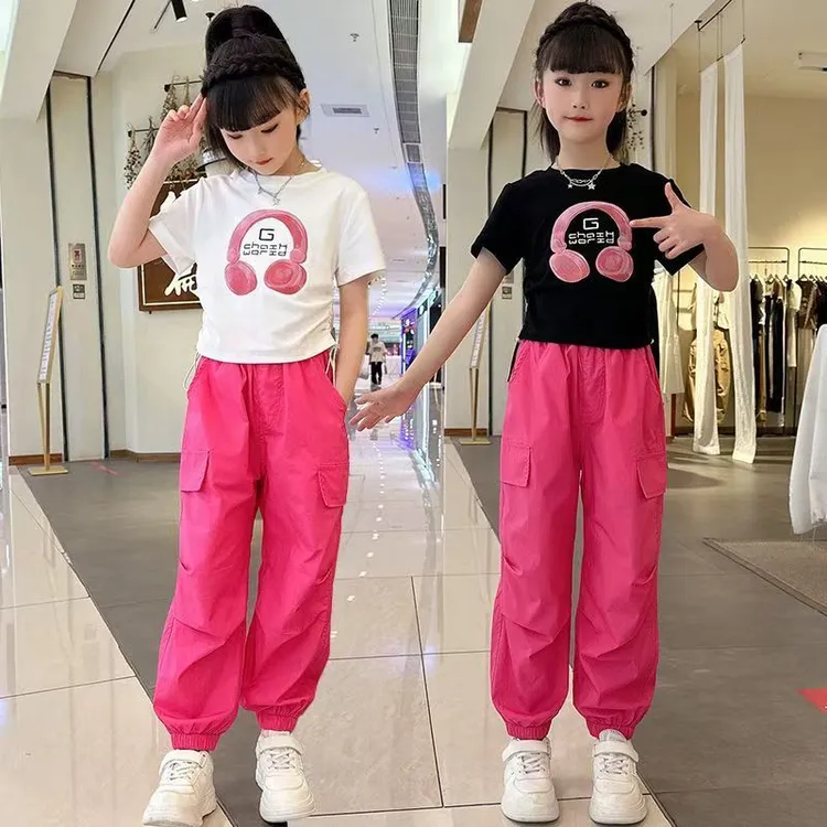 薄款常规休闲风上衣夏季女纯色套装童装夏装运动中大童防蚊裤时尚