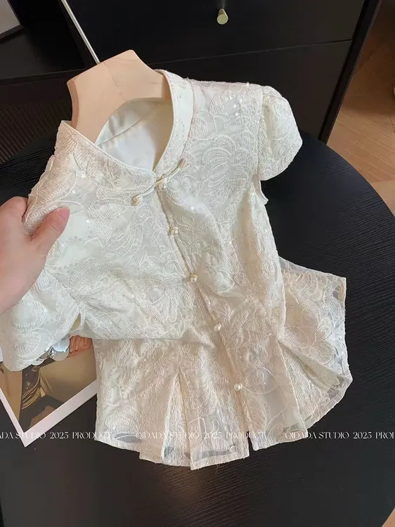 夏季新款新中式刺绣短袖衬衫女收腰小个子短款气质高级感百搭上衣