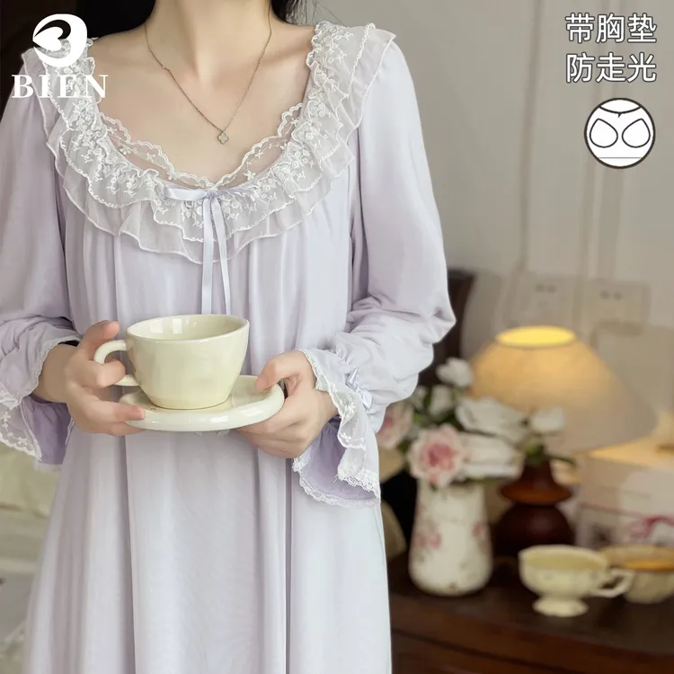 BIEN带胸垫网纱仙女睡裙女春秋季新款甜美可爱公主宫廷家居服套装