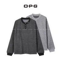 O.P.G【经典横条纹纽扣套头长袖针织衫】秋季情侣休闲百搭上衣1072