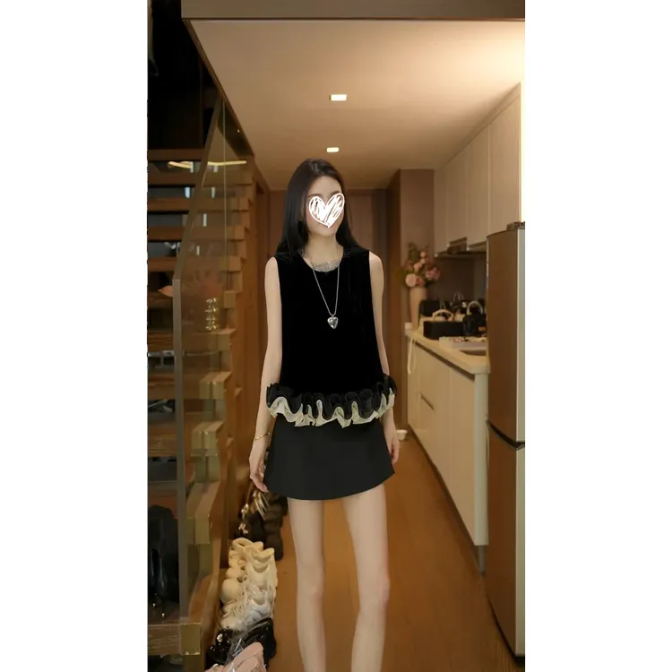 【半墨姿夏】花瓣上衣 下摆重工花瓣圆领无袖背心上衣