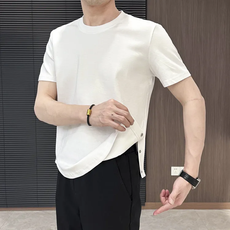 业速男士纯色圆领按扣开叉T恤男夏季潮牌痞帅高级设计感半袖体恤