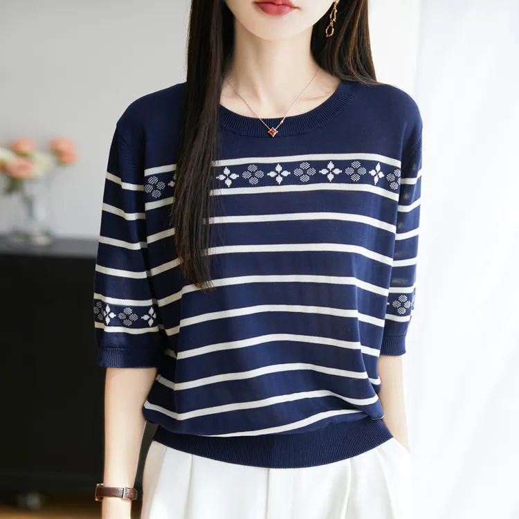 品牌夏季新款时尚条纹中袖女针织衫百搭圆领T恤休闲显瘦女款上衣