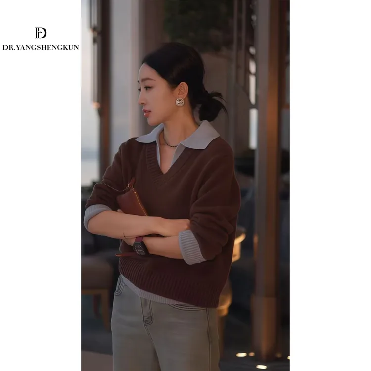 杨圣坤2025冬季新品100%绵羊毛撞色polo领老钱风针织衫ES25102115