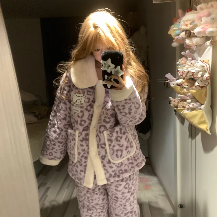 珊瑚绒睡衣女秋冬季三层夹棉大码加厚法兰绒紫豹纹套装冬天家居服