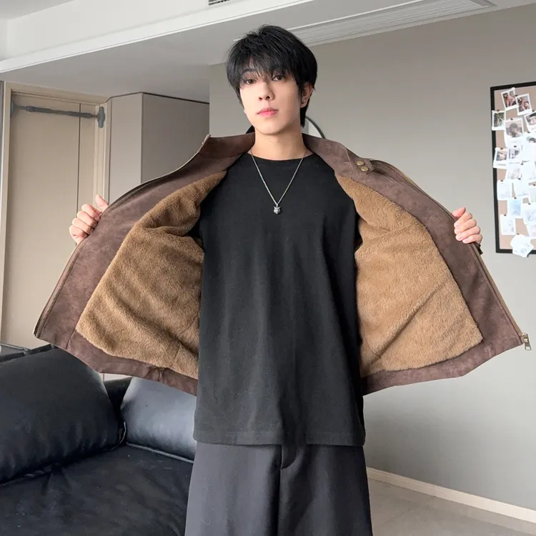 美拉德棕色pu短款皮衣外套男款冬季cleanfit加绒保暖立领夹克棉服