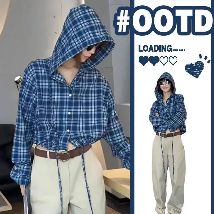 潮牌美式复古高街格子连帽长袖衬衫女宽松设计感小众休闲百搭外套