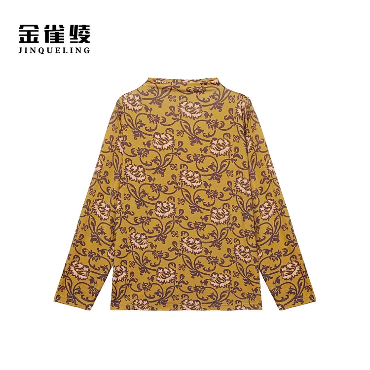 金雀绫【缠枝莲】设计款长袖上衣半高领加宽加大满印衬衫SZA3SL687