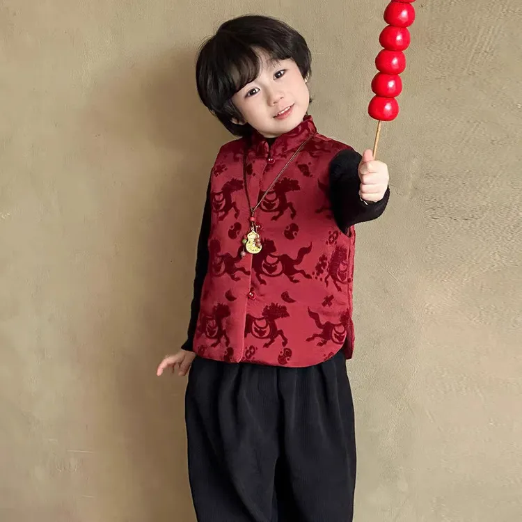 2026马年汉服男童新中式夹棉马甲冬装儿童红色喜庆上衣宝宝拜年服