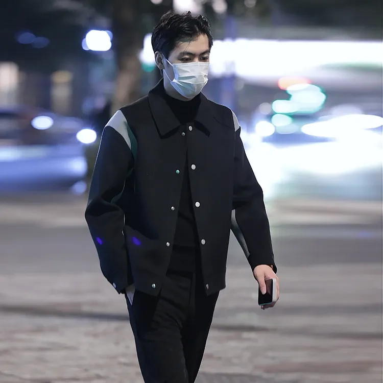 秋冬装男士毛呢夹克外套潮流韩版帅气拼色翻领撞色冬季毛呢上衣男