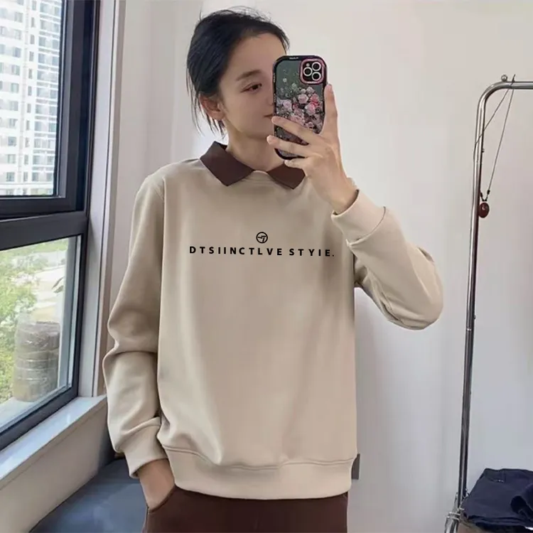 2026新款撞色polo领加绒卫衣韩版通勤减龄大码宽松设计感胖mm外套