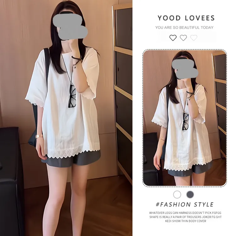 蕾丝花边短袖T恤2025新款夏季爆款白色上衣极简百搭西装短裤套装