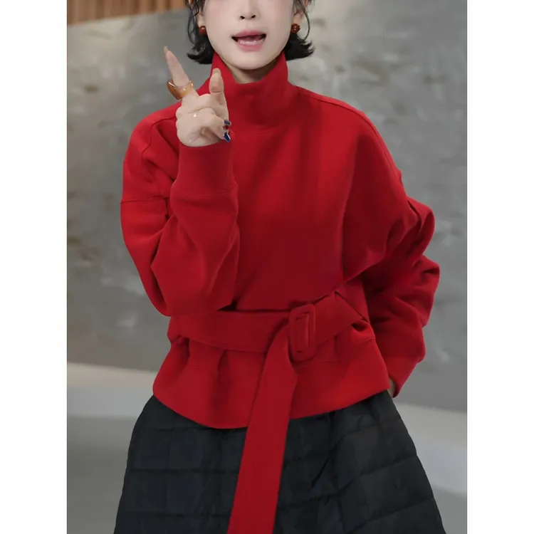 红色高领卫衣女2025秋冬新款时尚高级感减龄宽松收腰系带内搭上衣