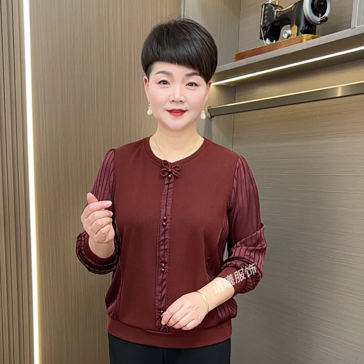 春秋新款时尚洋气圆领中老年女装宽松显瘦长袖打底上衣F9502