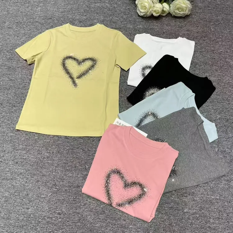 爱心烫钻设计款短袖T恤女2025春夏新款时尚百搭显瘦圆领上衣小衫