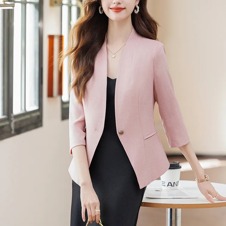 粉色无领西装套装女士2025新款夏季高级感时尚休闲薄款修身西服
