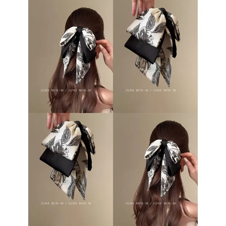 烟雨入江南~国风水墨印花缎面蝴蝶结马尾夹古风半扎抓夹高颜值
