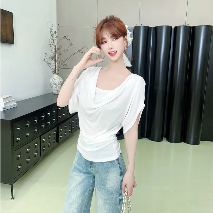 卡卡【洛岛白铃】 气质荡领设计感小众褶皱掐腰显瘦上衣