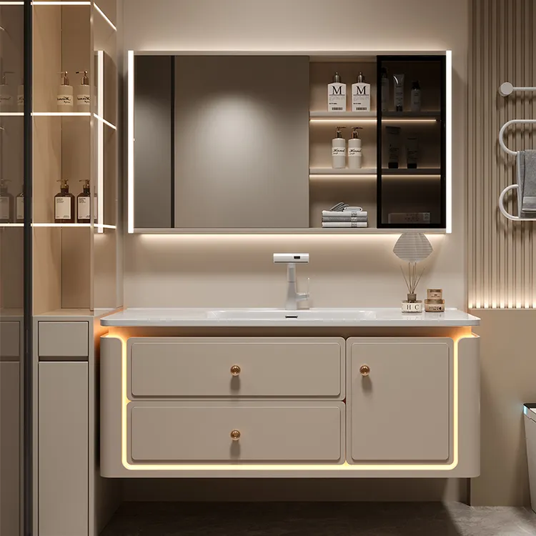 奶油浴室柜陶瓷一体盆卫生间洗手盆洗脸盆柜洗脸柜一体盆