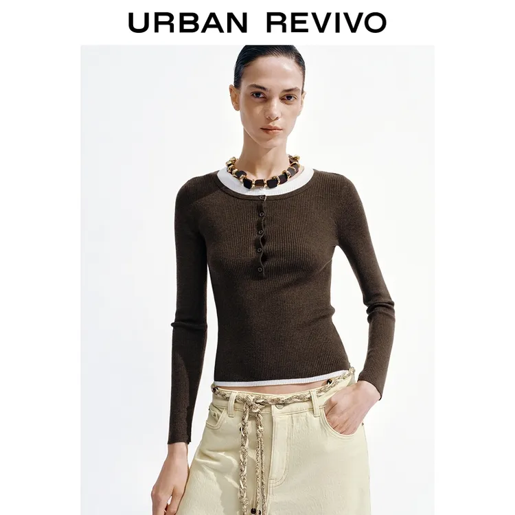 UR2025冬季新款女装撞色假两件纽扣修身针织衫UWM950112