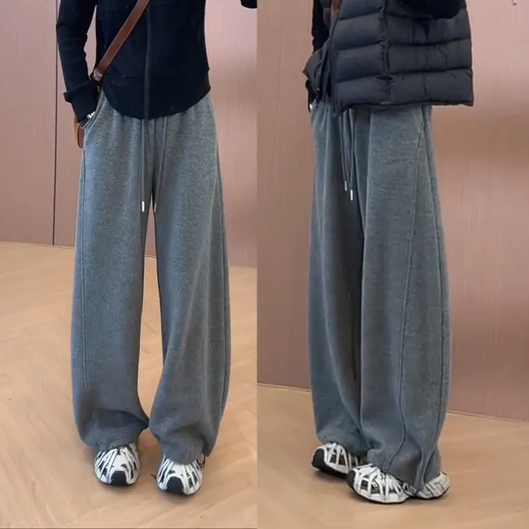 加绒加厚羊毛呢弯刀阔腿裤女2025冬季新款松紧高腰软糯休闲直筒裤