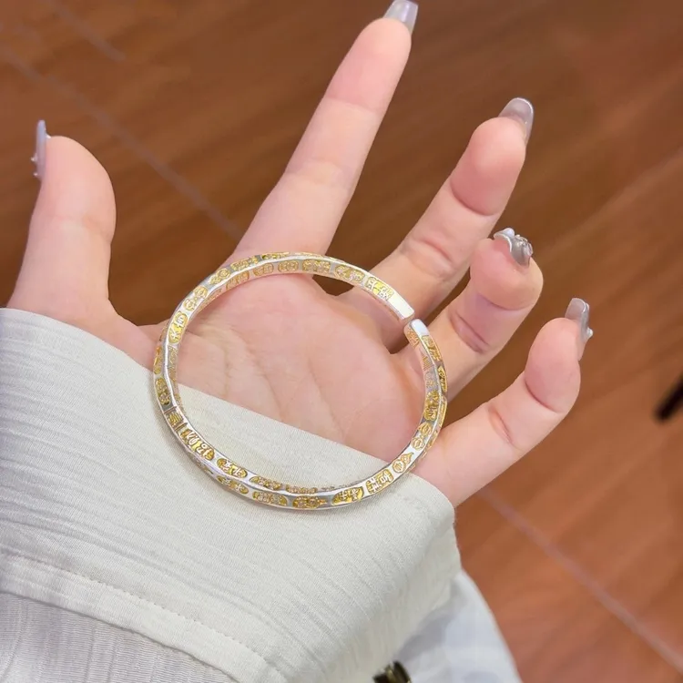 足银手镯 古法吉言描金银手镯999纯银镯子招财猫银镯子礼物送男友