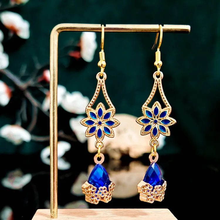 多吉米蓝韵花漪复古新中式耳环耳夹原创配汉服旗袍