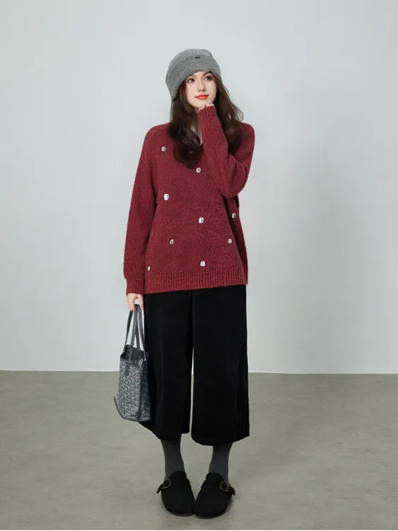 大码女装v领重工钉钻针织衫女针织衫2025冬胖mm宽松慵懒毛衣