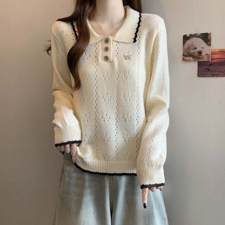 2025秋冬新款蝴蝶结学院风百搭针织纱毛衣女大码高级感休闲单上衣