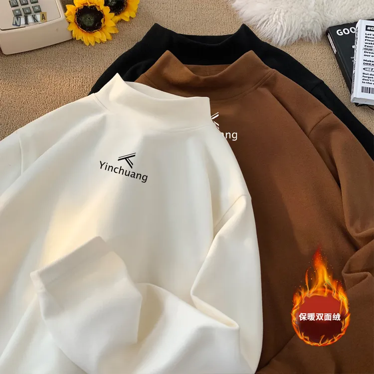 引创美式半高领德绒打底衫男款秋冬季内搭宽松保暖宽松打底衫上衣