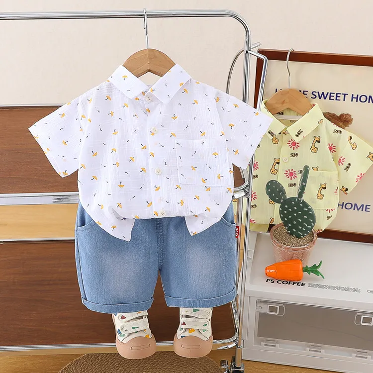 新款多色潮款洋气2025新款夏季儿童套装男女童白色黄色短袖衬衫牛