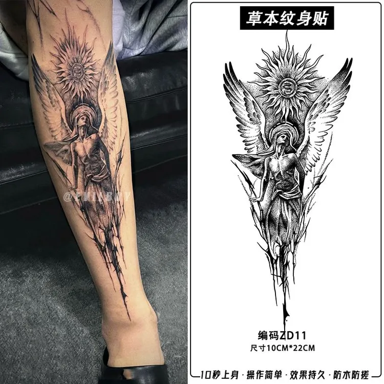 暗黑堕落天使花臂草本纹身贴半永久霸气美式纹身小腿防水逼真遮疤