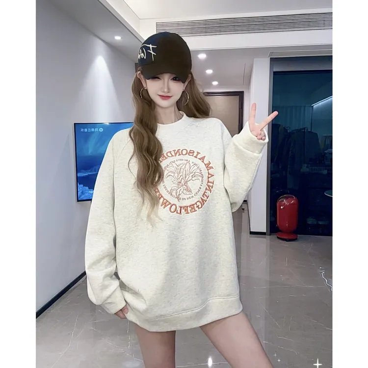 冬季新款【百合花】加绒加厚圆领刺绣宽松卫衣  2692