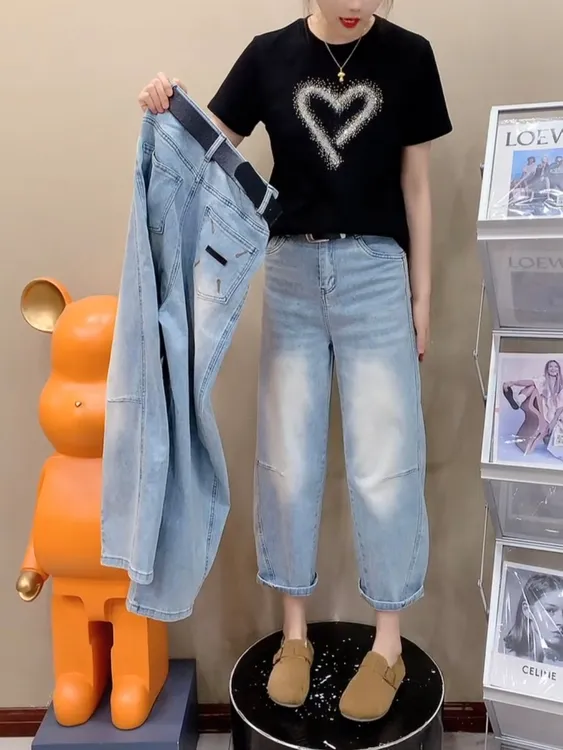 新款莱赛尔天丝弯刀香蕉牛仔裤女夏季薄款大码显瘦小个子冰丝裤