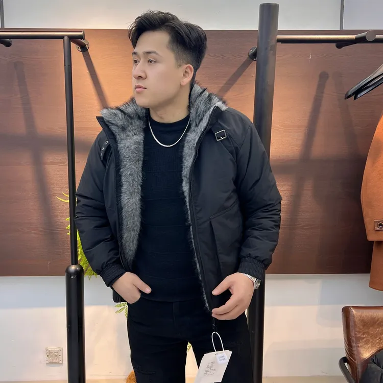 黑色座山雕毛领连帽棉服男款冬季加绒加厚外套男装1571