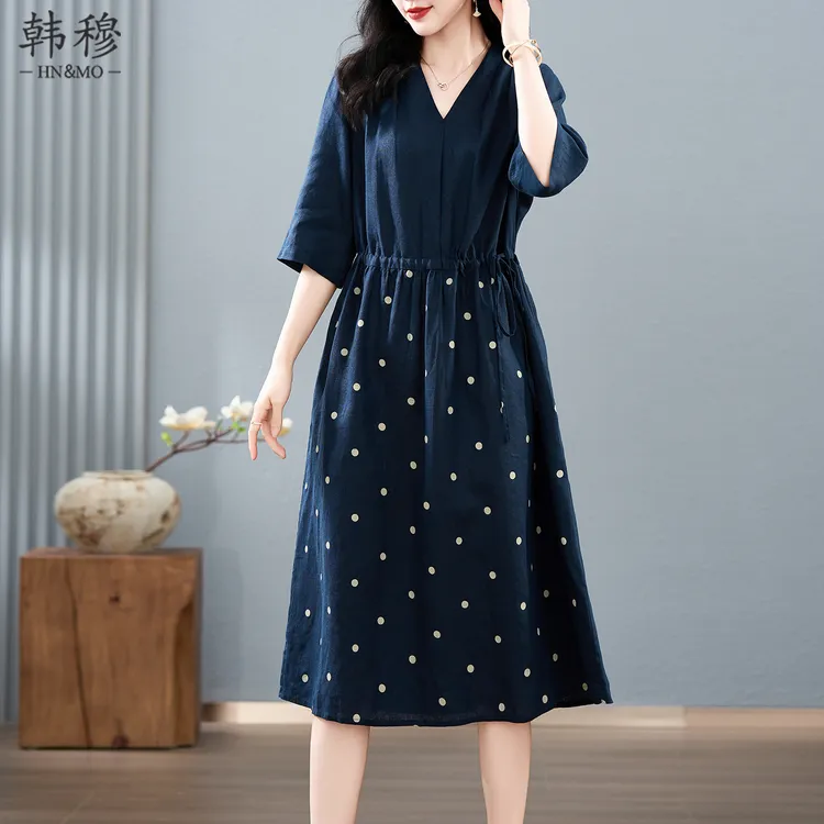 气质拼接波点亚麻连衣裙女2025早秋新款中袖妈妈巨好看高级感穿搭