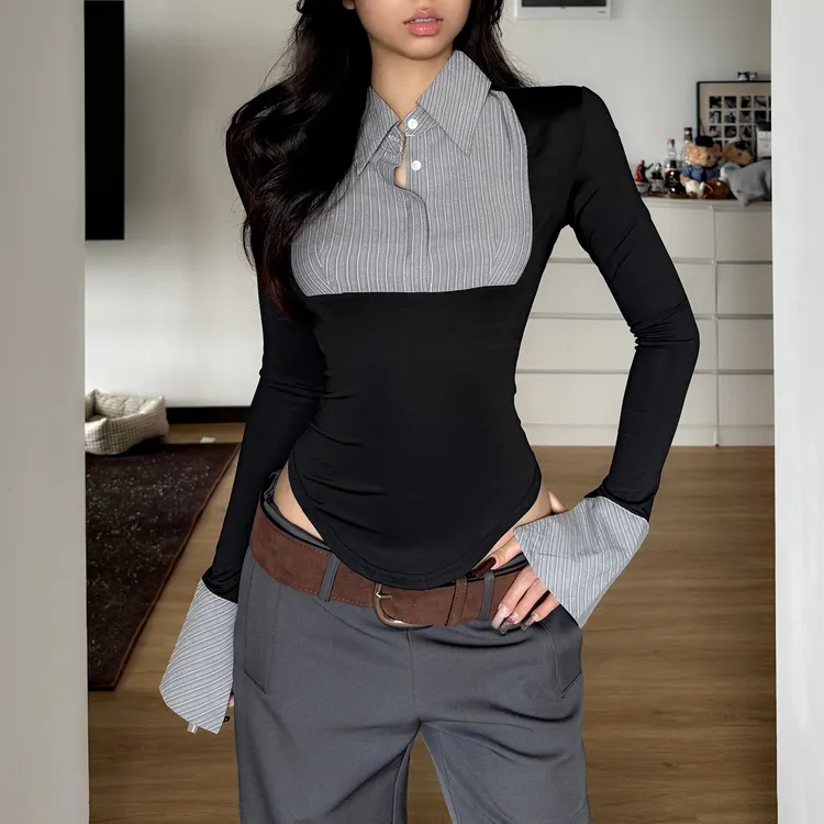 条纹拼接设计款纽扣休闲长袖衬衫秋季上衣修身小众复古辣妹假两件