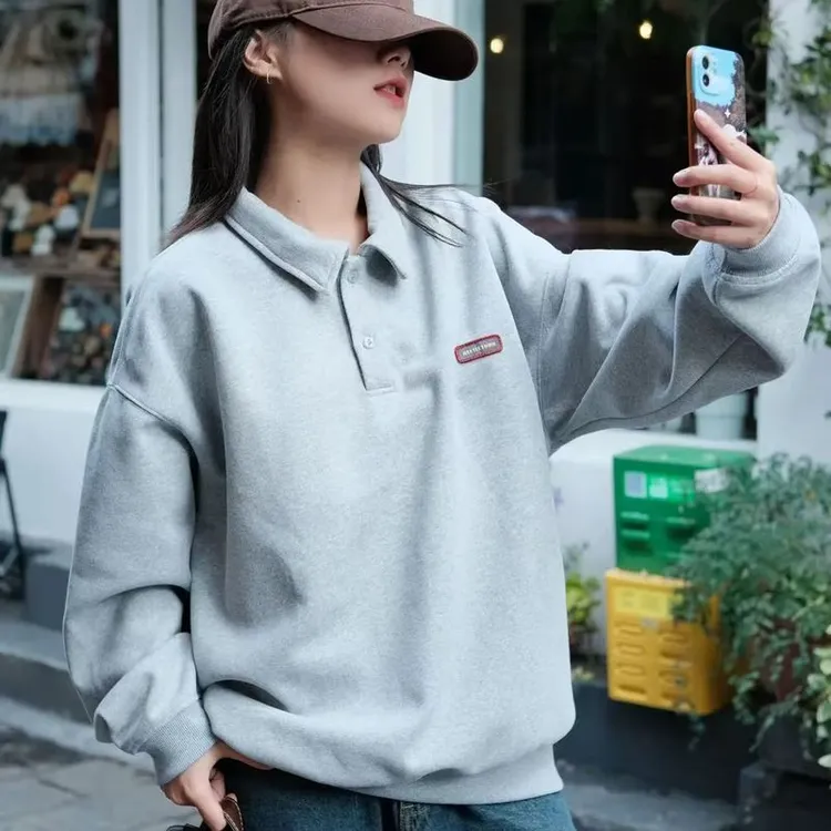 简约休闲卫衣大码外套polo领卫衣宽松春款情侣款上衣