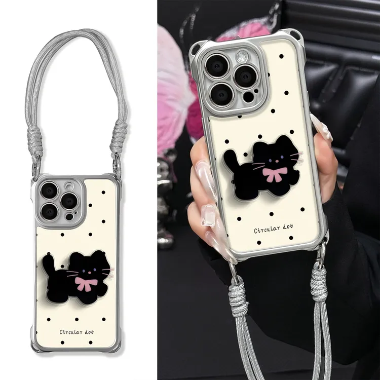 适用黑猫波点苹果16高级个性四角挂绳支架手机壳华为OPPO小米VIVO