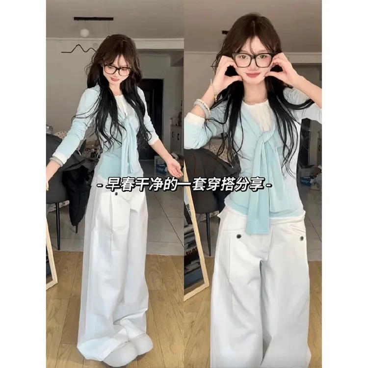 春季氛围感穿搭女2025新款减龄假两件针织开衫休闲阔腿裤两件套装