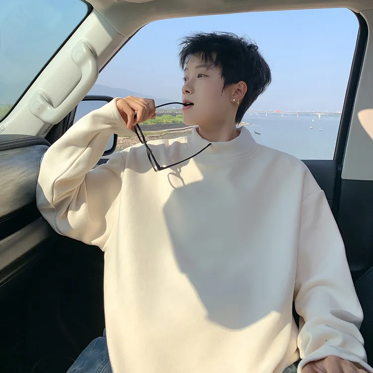 美式重磅长袖保暖卫衣男秋冬季加绒加厚潮牌百搭半高领德绒打底衫