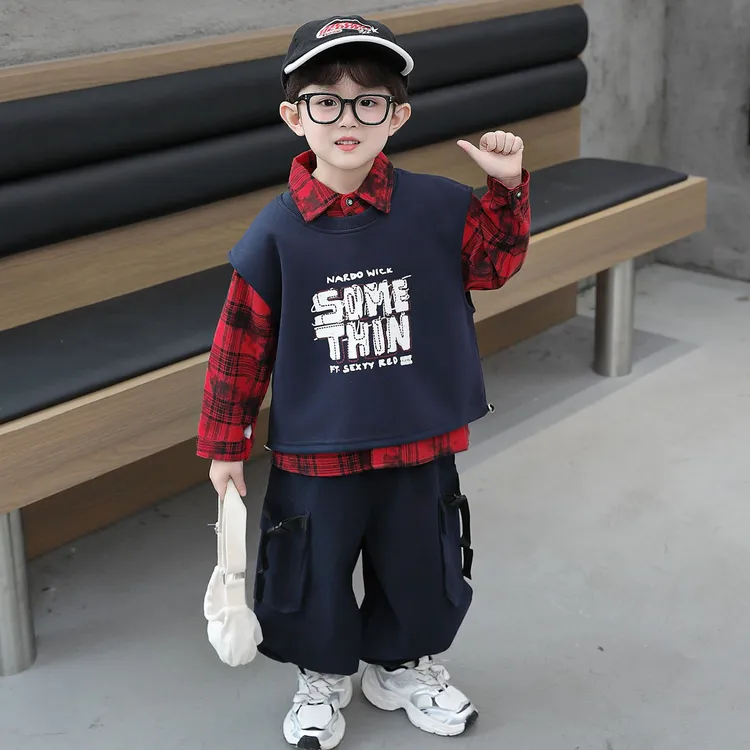 男童衬衣套装秋季2025新款儿童格子衬衫马甲三件套男宝春秋季衣服