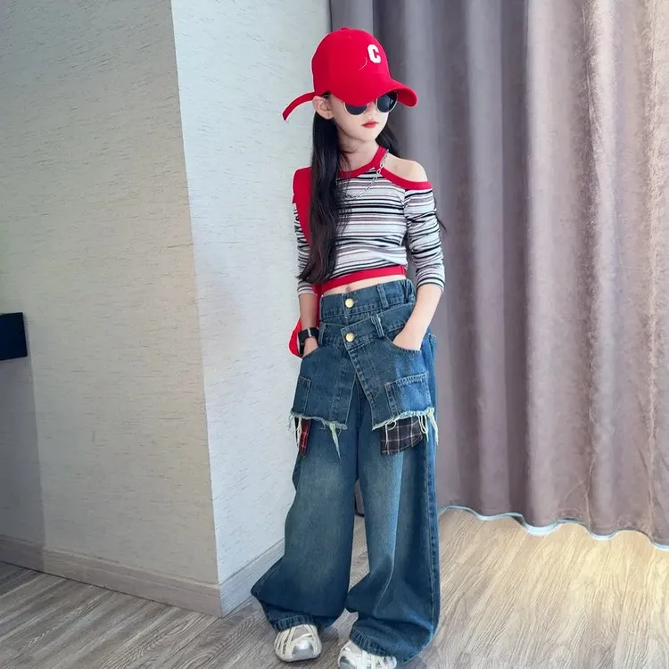 女童2025秋季套装新款宽松阔腿大童牛仔裤时尚洋气休闲漏肩上衣潮