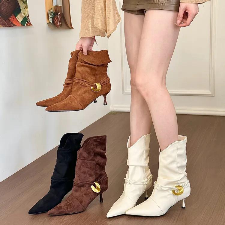 titing绝美腿精！辣妹绒面尖头金属扣堆堆靴女秋韩版两穿细跟短靴
