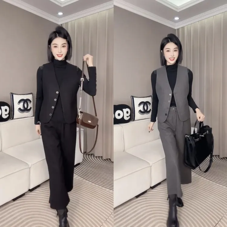 2025年秋季新款时尚百搭休闲潮流呢子马甲裤子两件套女