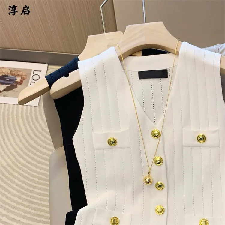 淳启小香风针织马甲背心女夏季2025新款法式别致修身时尚无袖上衣