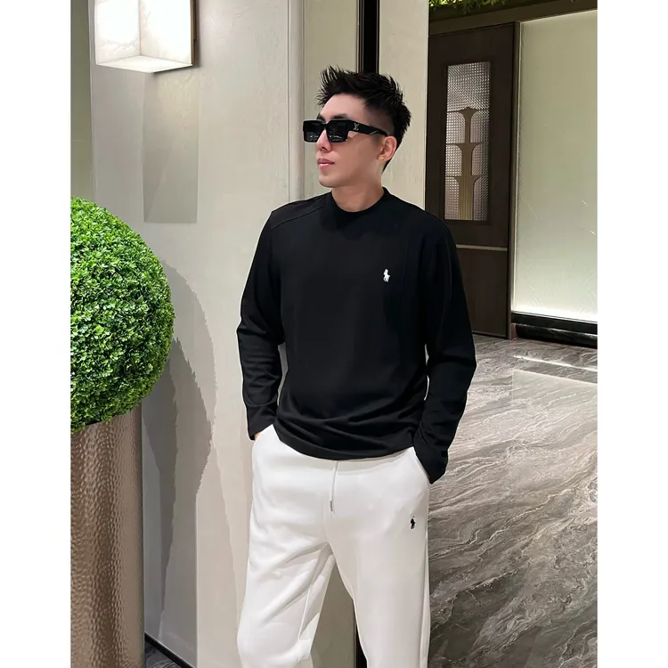 【一马当先】小直领莫代尔打底上衣痞帅男装刺绣贴身长袖T恤李查德